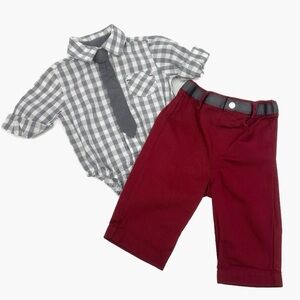 Baby Boys Dressy Outfit Set Babyrageous Plaid Bodysuit Shirt & Burgundy Pants 3M